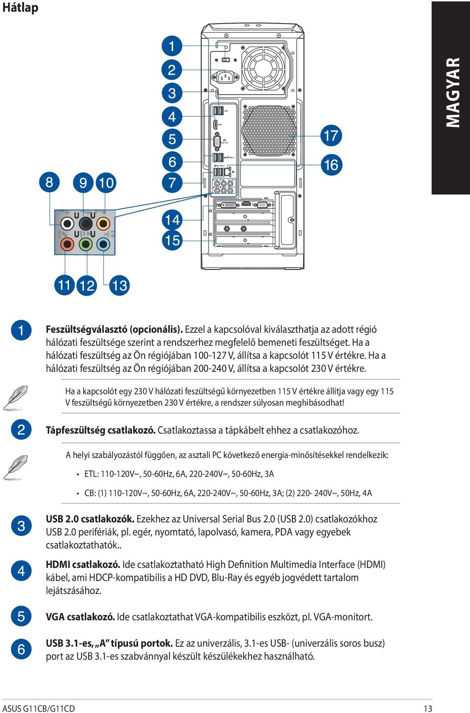 Ha a kapcsolót egy 230 V hálózati feszültségű környezetben 115 V értékre állítja vagy egy 115 V feszültségű környezetben 230 V értékre, a rendszer súlyosan meghibásodhat! Tápfeszültség csatlakozó.