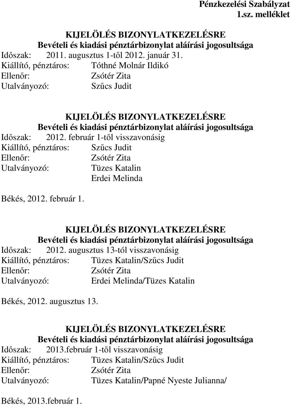 február 1-től visszavonásig Kiállító, pénztáros: Szűcs Judit Ellenőr: Zsótér Zita Utalványozó: Tüzes Katalin Erdei Melinda Békés, 2012. február 1.