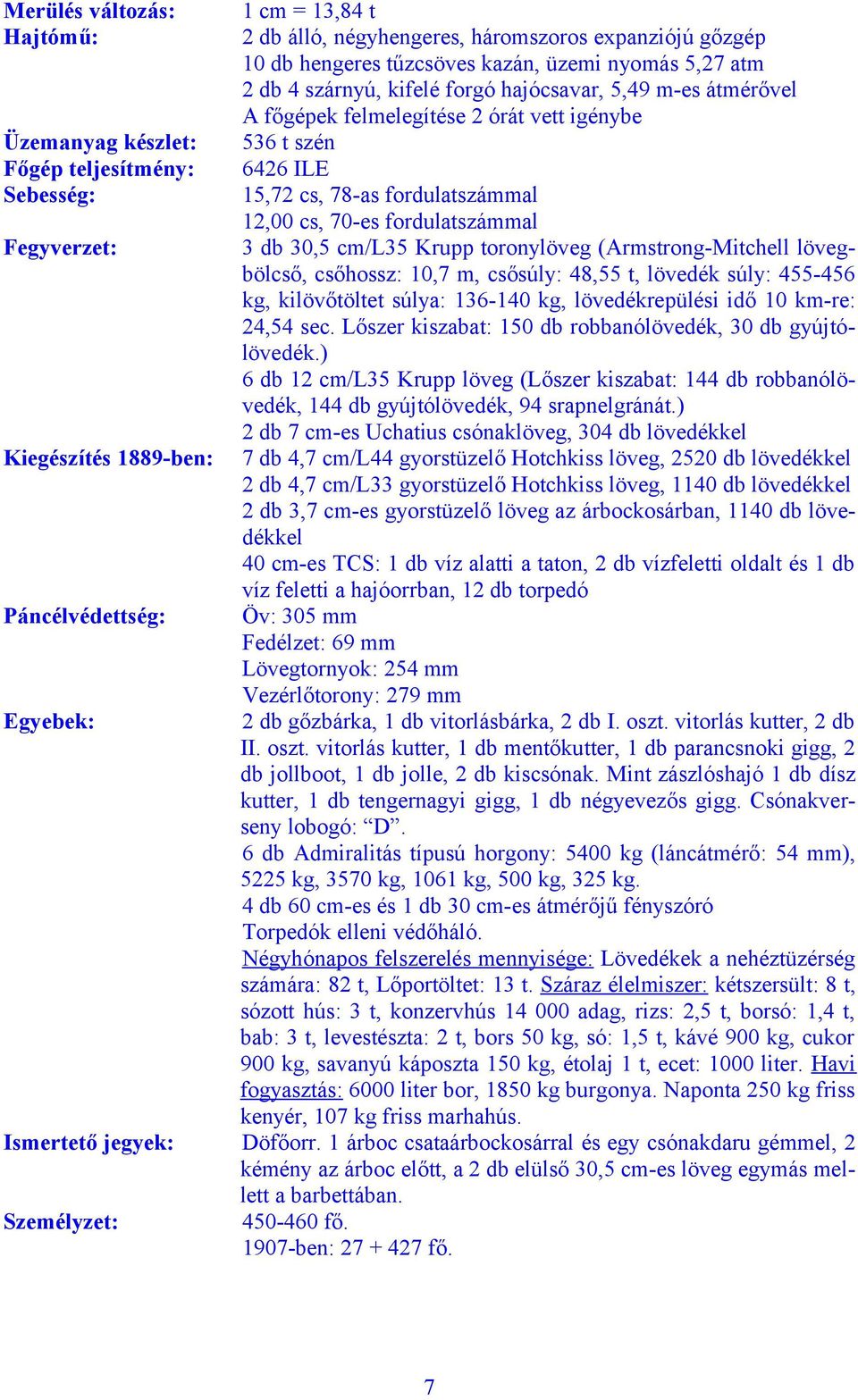 igénybe 536 t szén 6426 ILE 15,72 cs, 78-as fordulatszámmal 12,00 cs, 70-es fordulatszámmal 3 db 30,5 cm/l35 Krupp toronylöveg (Armstrong-Mitchell lövegbölcső, csőhossz: 10,7 m, csősúly: 48,55 t,