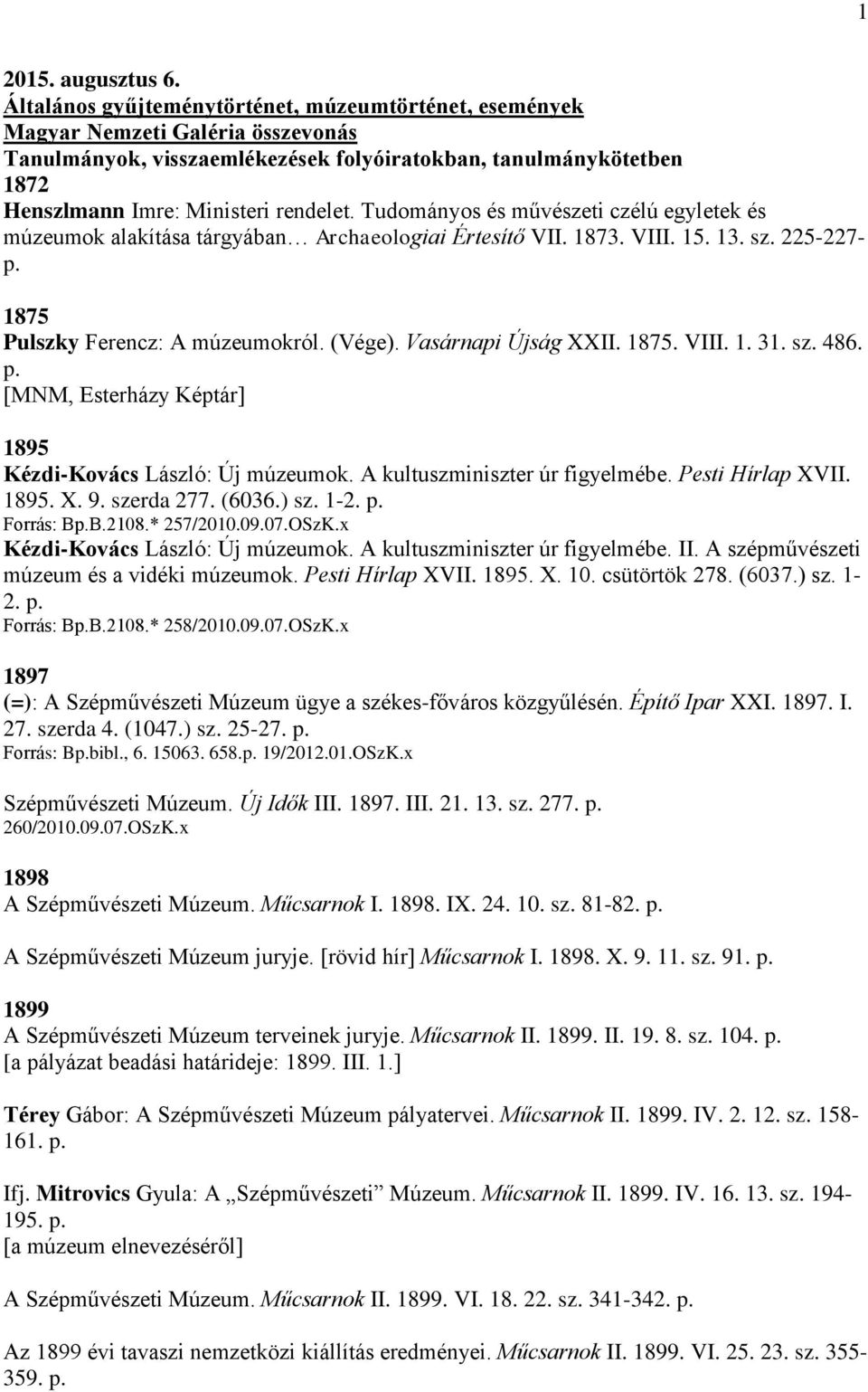 Tudományos és művészeti czélú egyletek és múzeumok alakítása tárgyában Archaeologiai Értesítő VII. 1873. VIII. 15. 13. sz. 225-227- p. 1875 Pulszky Ferencz: A múzeumokról. (Vége).