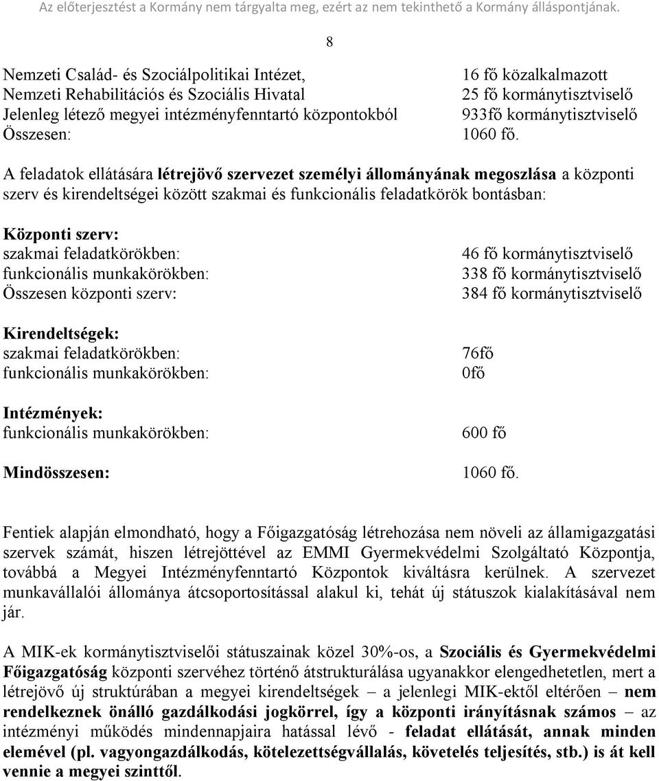 A feladatok ellátására létrejövő szervezet személyi állományának megoszlása a központi szerv és kirendeltségei között szakmai és funkcionális feladatkörök bontásban: Központi szerv: szakmai