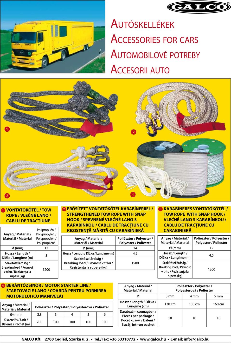 CABLU DE TRACŢIUNE CU REZISTENŢĂ MĂRITĂ CU CARABINIERĂ Poliészter / Polyester / Polyester / Poliester Ø (mm) 14 4,5 Szakítószilárdság / Breaking load / Pevnosť v trhu / 1500 Rezistenţa la rupere (kg)
