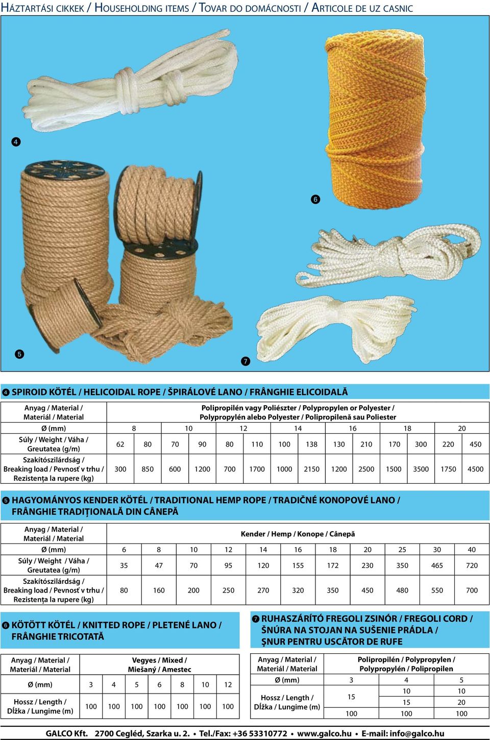 Szakítószilárdság / Breaking load / Pevnosť v trhu / Rezistenţa la rupere (kg) 300 850 600 1200 700 1700 0 2150 1200 2500 1500 3500 1750 4500 HAGYOMÁNYOS KENDER KÖTÉL / TRADITIONAL HEMP ROPE /