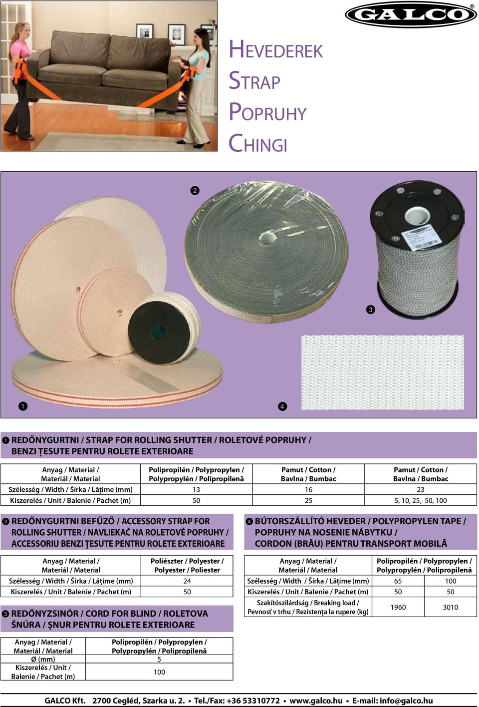 ACCESSORIU BENZI ŢESUTE PENTRU ROLETE EXTERIOARE Poliészter / Polyester / Polyester / Poliester Szélesség / Width / Šírka / Lăţime (mm) 24 Balenie / Pachet (m) 50 w REDŐNYZSINÓR / CORD FOR BLIND /