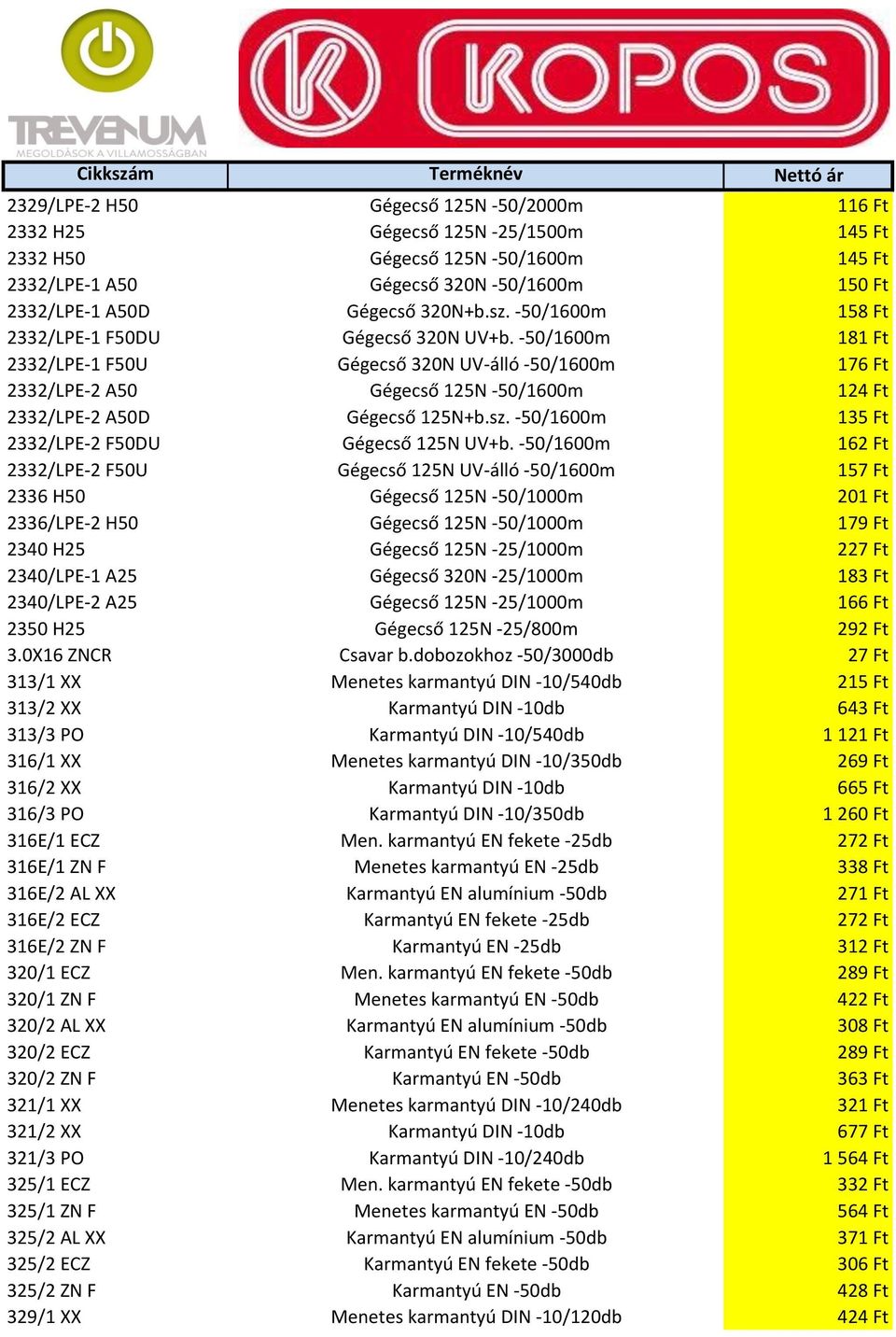 -50/1600m 181 Ft 2332/LPE-1 F50U Gégecső 320N UV-álló -50/1600m 176 Ft 2332/LPE-2 A50 Gégecső 125N -50/1600m 124 Ft 2332/LPE-2 A50D Gégecső 125N+b.sz.