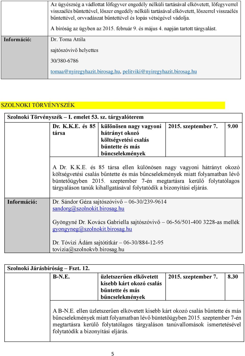 Toma Attila helyettes 30/380-6786 tomaa@nyiregyhazit.birosag.hu, pelitviki@nyiregyhazit.birosag.hu SZOLNOKI TÖRVÉNYSZÉK Szolnoki Törvényszék I. emelet 53. sz. tárgyalóterem Dr. K.K.E.