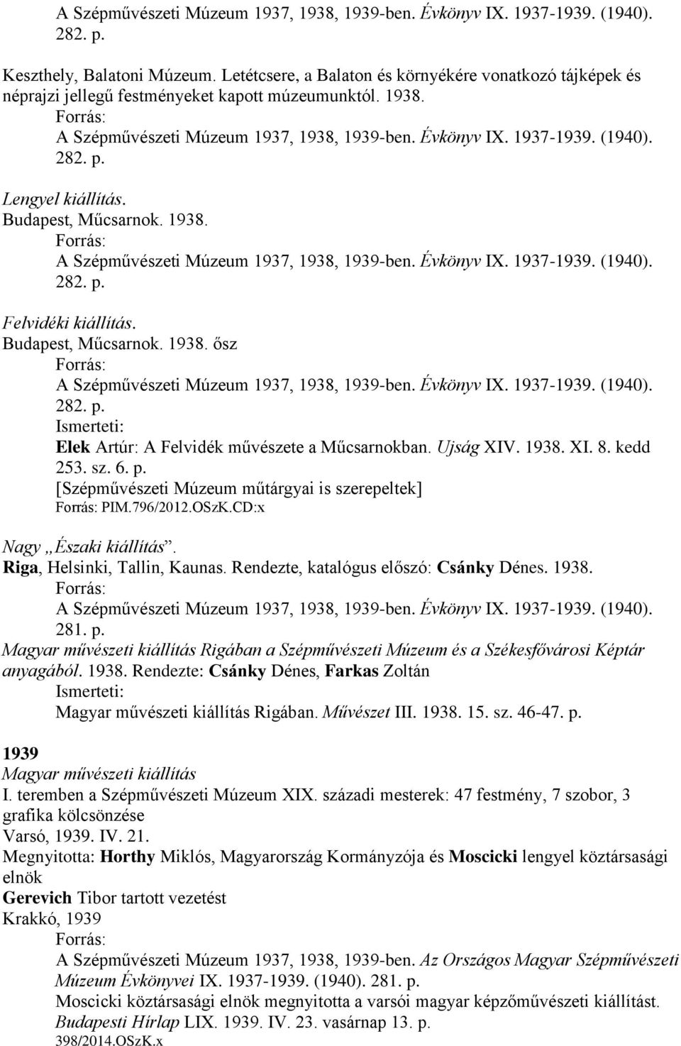 282. p. Lengyel kiállítás. Budapest, Műcsarnok. 1938. Forrás: A Szépművészeti Múzeum 1937, 1938, 1939-ben. Évkönyv IX. 1937-1939. (1940). 282. p. Felvidéki kiállítás. Budapest, Műcsarnok. 1938. ősz Forrás: A Szépművészeti Múzeum 1937, 1938, 1939-ben.