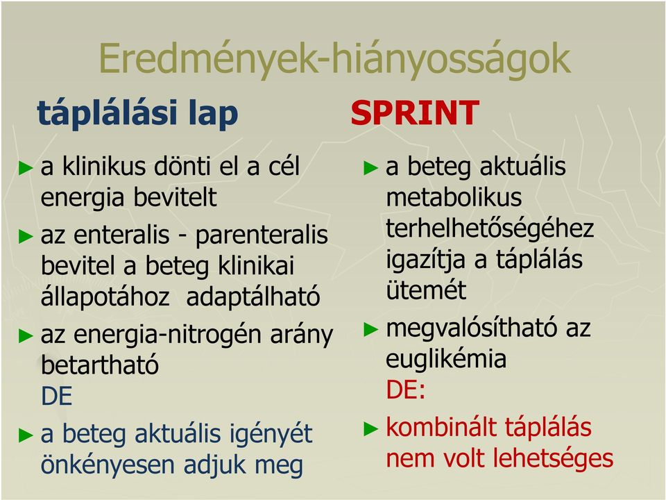 DE a beteg aktuális igényét önkényesen adjuk meg SPRINT a beteg aktuális metabolikus