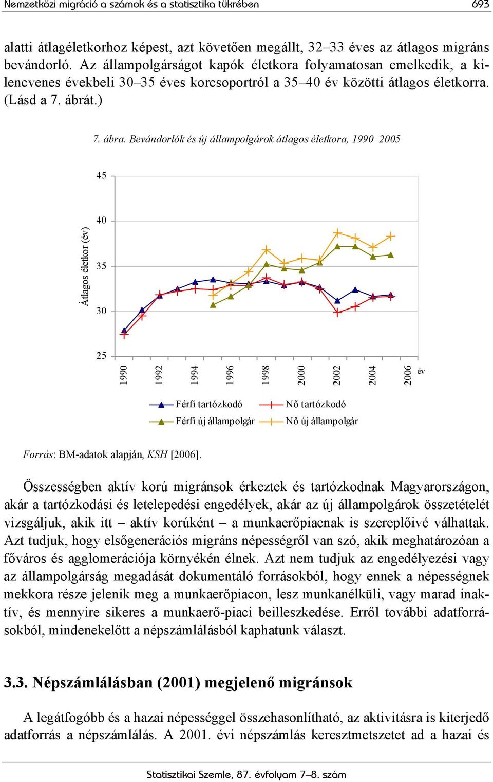 Bevándorlók és új állampolgárok átlagos életkora, 1990 2005 45 Átlagos életkor (év) 40 35 30 25 1990 1992 1994 1996 1998 2000 2002 2004 2006 év Férfi tartózkodó Férfi új állampolgár Nő tartózkodó Nő