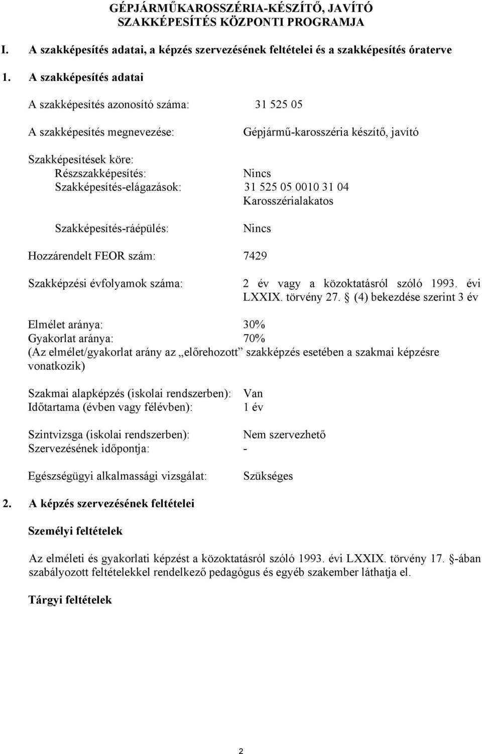 Szakképesítés-elágazások: 31 525 05 0010 31 04 Karosszérialakatos Szakképesítés-ráépülés: Nincs Hozzárendelt FEOR szám: 7429 Szakképzési évfolyamok száma: 2 év vagy a közoktatásról szóló 1993.