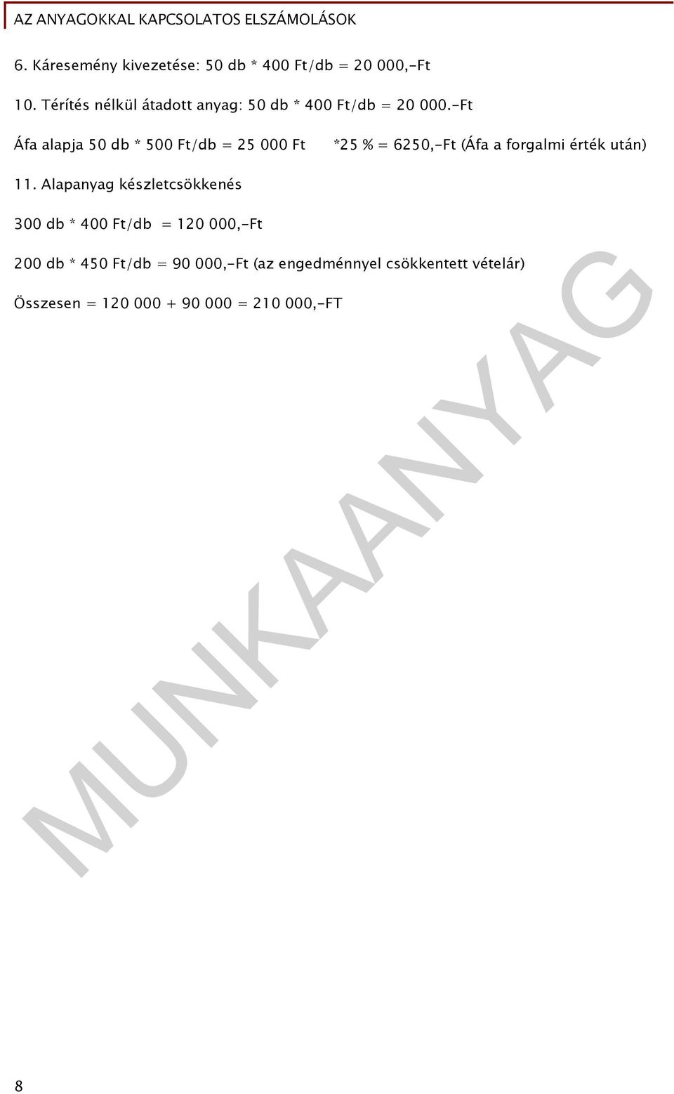 -Ft Áfa alapja 50 db * 500 Ft/db = 25 000 Ft *25 % = 6250,-Ft (Áfa a forgalmi érték után) 11.