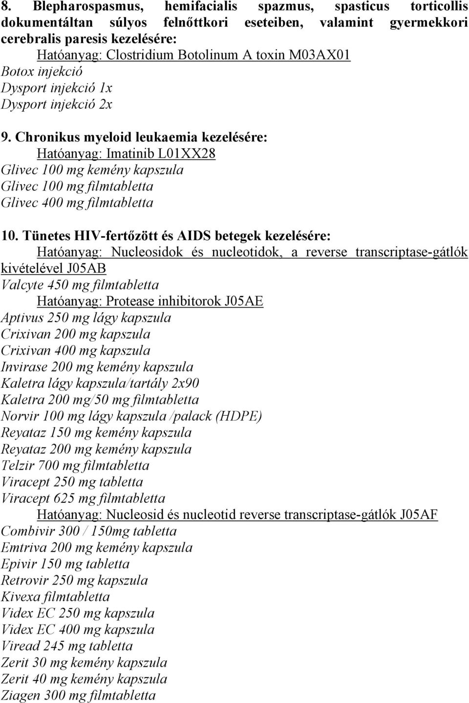 Chronikus myeloid leukaemia kezelésére: Hatóanyag: Imatinib L01XX28 Glivec 100 mg kemény kapszula Glivec 100 mg filmtabletta Glivec 400 mg filmtabletta 10.