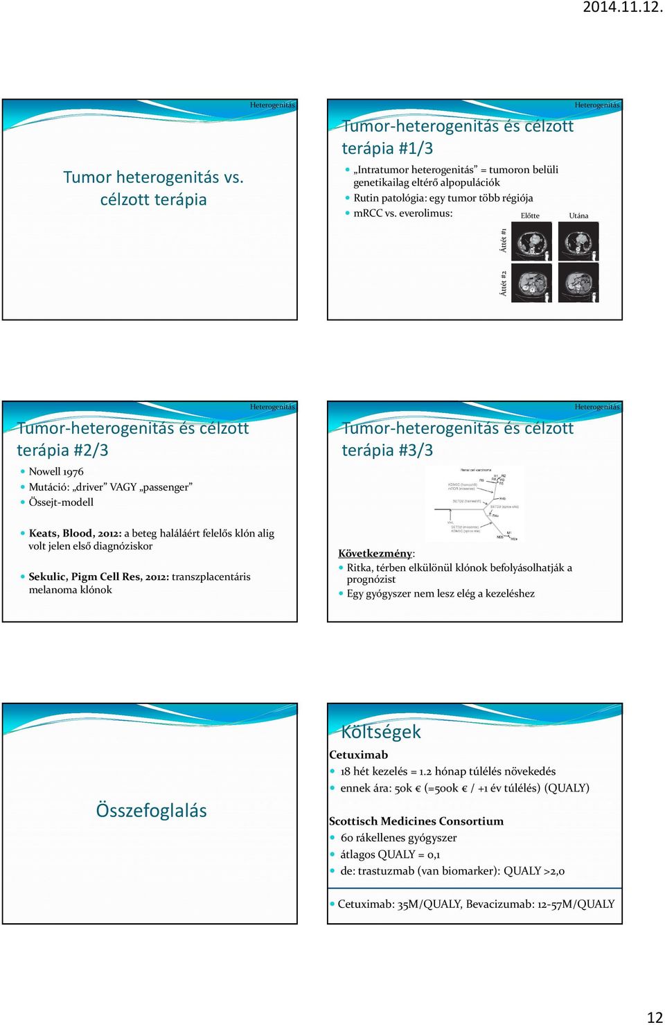 everolimus: Előtte Utána Heterogenitás Áttét #2 Áttét #1 Tumor-heterogenitás és célzott terápia #2/3 Nowell 1976 Mutáció: driver VAGY passenger Őssejt-modell Heterogenitás Tumor-heterogenitás és