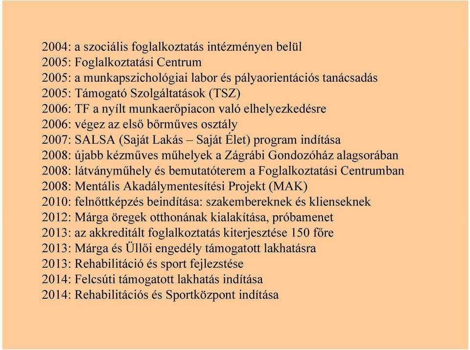 2008: látványműhely yés bemutatóterem a Foglalkoztatási Centrumban 2008: Mentális Akadálymentesítési Projekt (MAK) 2010: felnőttképzés beindítása: szakembereknek és klienseknek 2012: Márga öregek