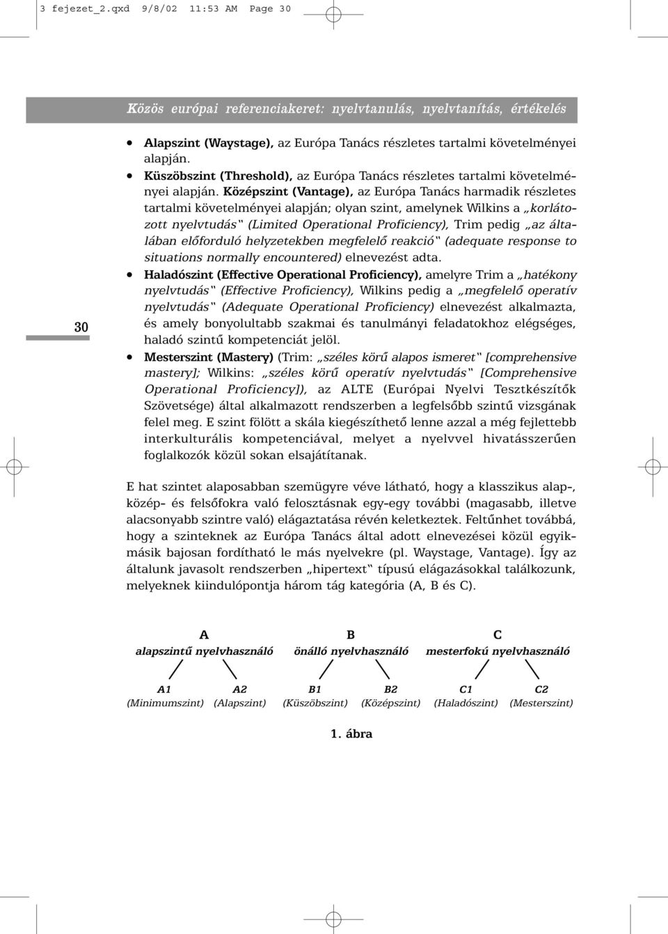 Középszint (Vantage), az Európa Tanács harmadik részletes tartalmi követelményei alapján; olyan szint, amelynek Wilkins a korlátozott nyelvtudás (Limited Operational Proficiency), Trim pedig az