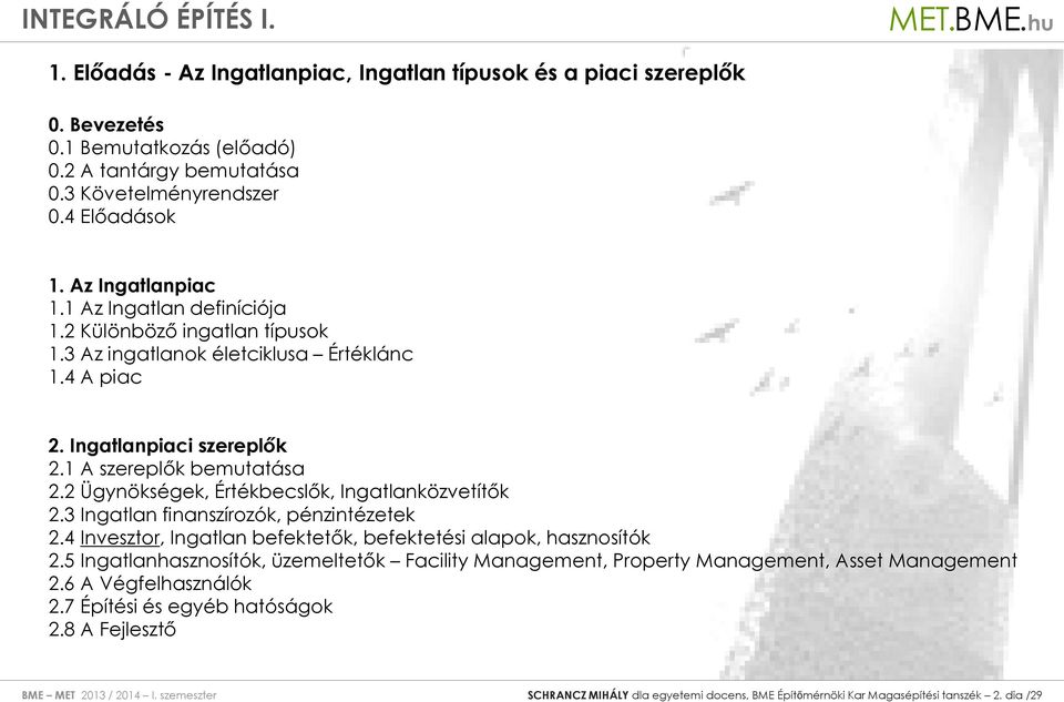 2 Ügynökségek, Értékbecslők, Ingatlanközvetítők 2.3 Ingatlan finanszírozók, pénzintézetek 2.4 Invesztor, Ingatlan befektetők, befektetési alapok, hasznosítók 2.