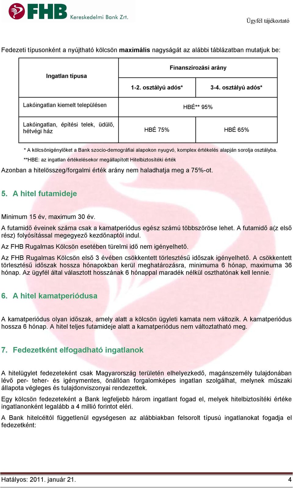 értékelés alapján sorolja osztályba. **HBE: az ingatlan értékelésekor megállapított Hitelbiztosítéki érték Azonban a hitelösszeg/forgalmi érték arány nem haladhatja meg a 75%-ot. 5.