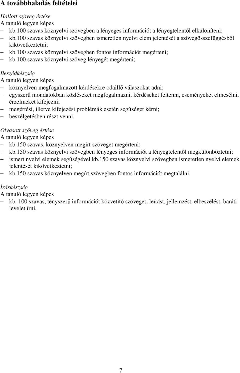 100 szavas köznyelvi szöveg lényegét megérteni; Beszédkészség köznyelven megfogalmazott kérdésekre odaillő válaszokat adni; egyszerű mondatokban közléseket megfogalmazni, kérdéseket feltenni,