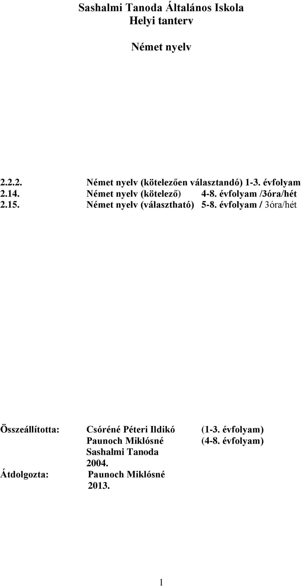 évfolyam /3óra/hét 2.15. Német nyelv (választható) 5-8.