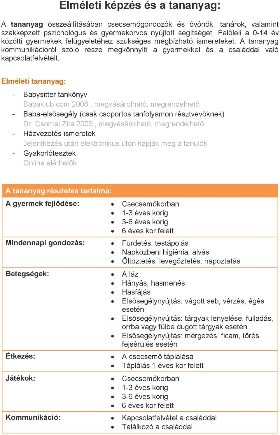 Elméleti tananyag: - Babysitter tankönyv Babaklub.com 2008., megvásárolható, megrendelhető - Baba-elsősegély (csak csoportos tanfolyamon résztvevőknek) Dr. Csomai Zita 2009.