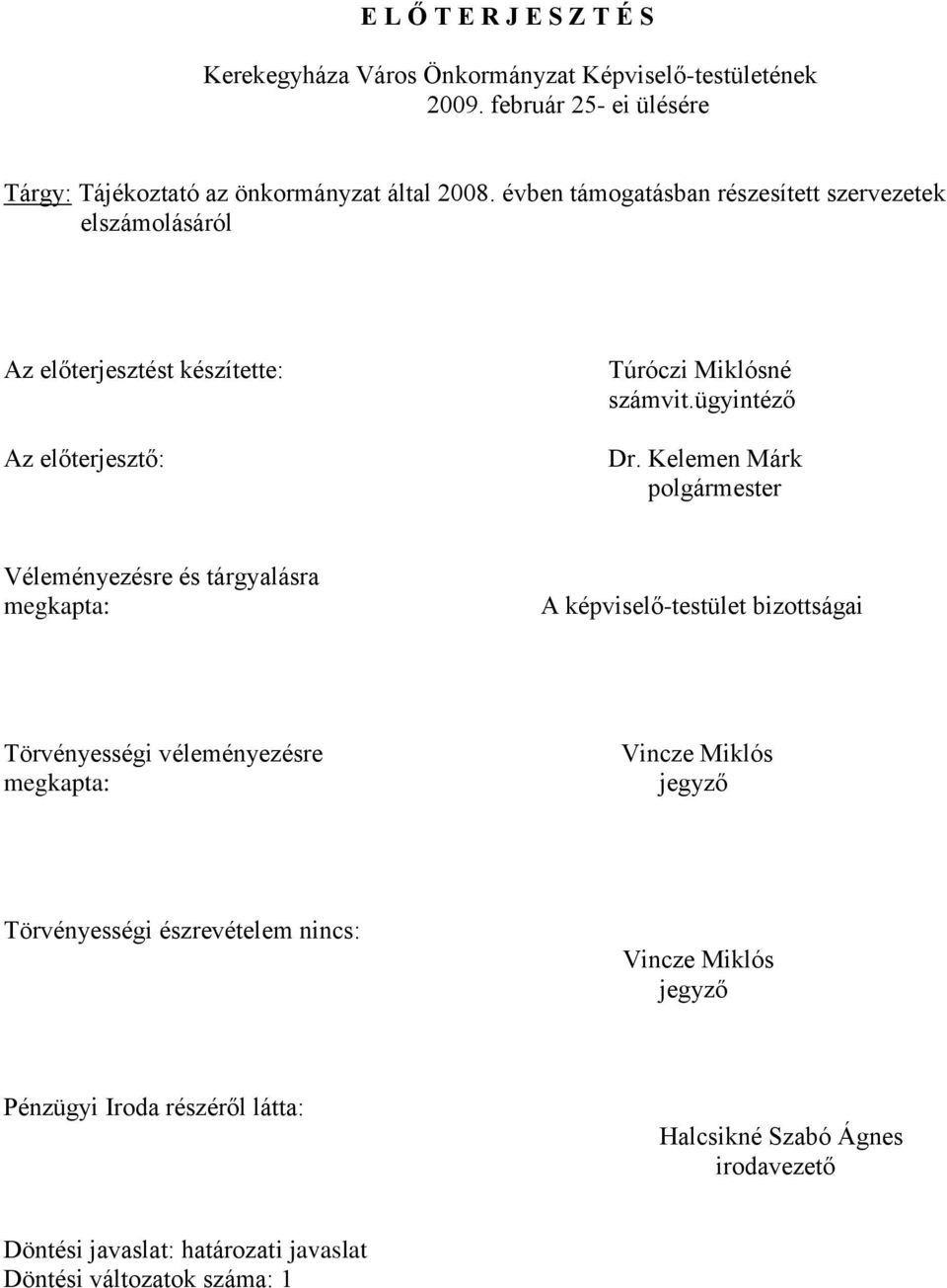 Kelemen Márk polgármester Véleményezésre és tárgyalásra megkapta: A képviselő-testület bizottságai Törvényességi véleményezésre megkapta: Vincze Miklós jegyző