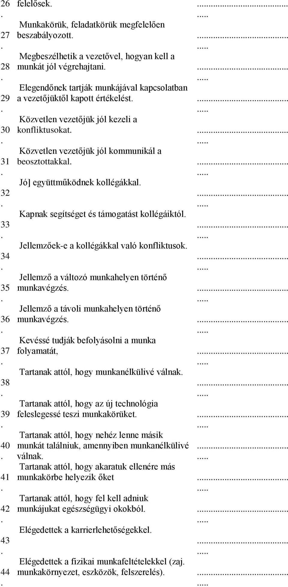 Kapnak segítséget és támogatást kollégáiktól Jellemzőek-e a kollégákkal való konfliktusok Jellemző a változó munkahelyen történő munkavégzés Jellemző a távoli munkahelyen történő munkavégzés Kevéssé