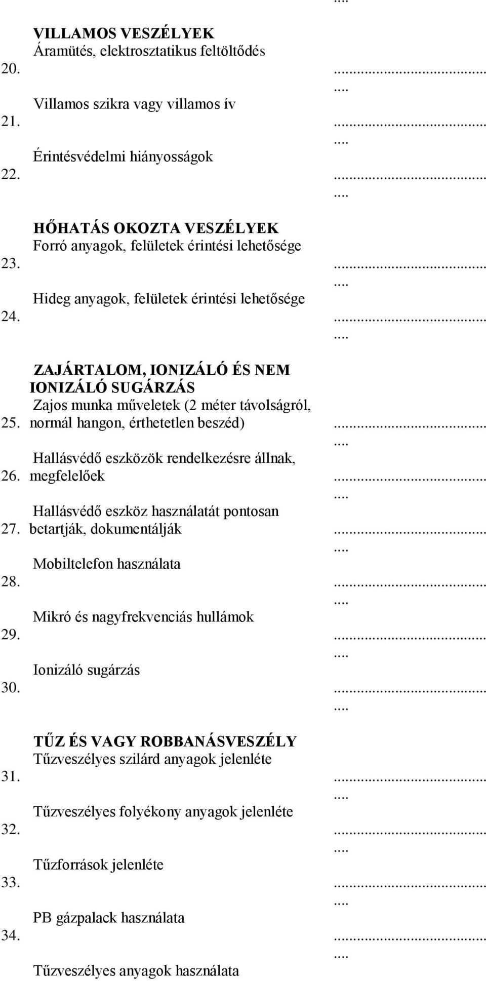 eszközök rendelkezésre állnak, 26 megfelelőek Hallásvédő eszköz használatát pontosan 27 betartják, dokumentálják Mobiltelefon használata 28 Mikró és nagyfrekvenciás hullámok 29 Ionizáló sugárzás