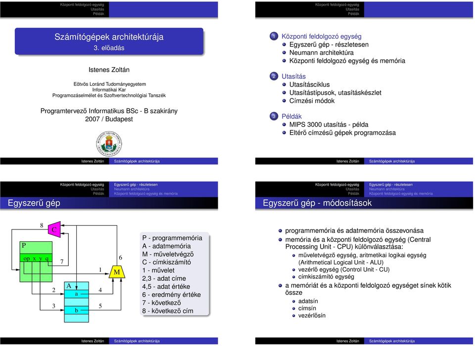 részletesen Neumann architektúra Központi feldolgozó egység és memória 2 Utasítás Utasításciklus Utasítástípusok, utasításkészlet Címzési módok 3 Példák MIPS 3000 utasítás - példa Eltérő címzésű