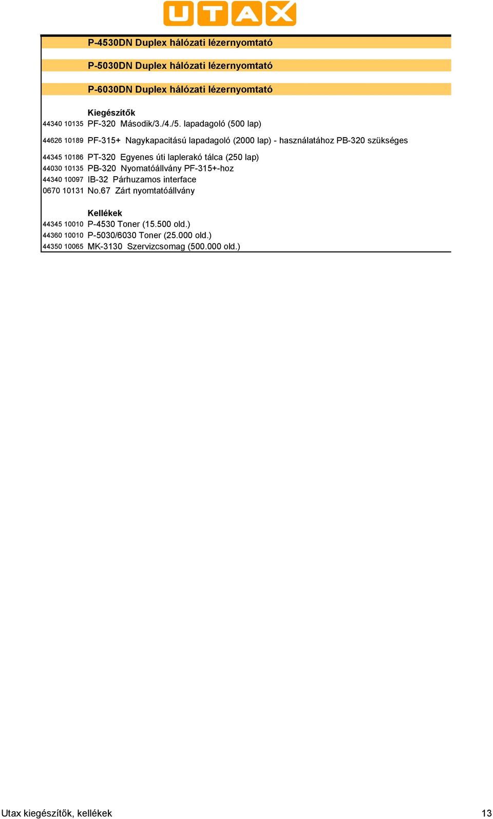 tálca (250 lap) 44030 10135 PB-320 Nyomatóállvány PF-315+-hoz 44340 10097 IB-32 Párhuzamos interface 0670 10131 No.