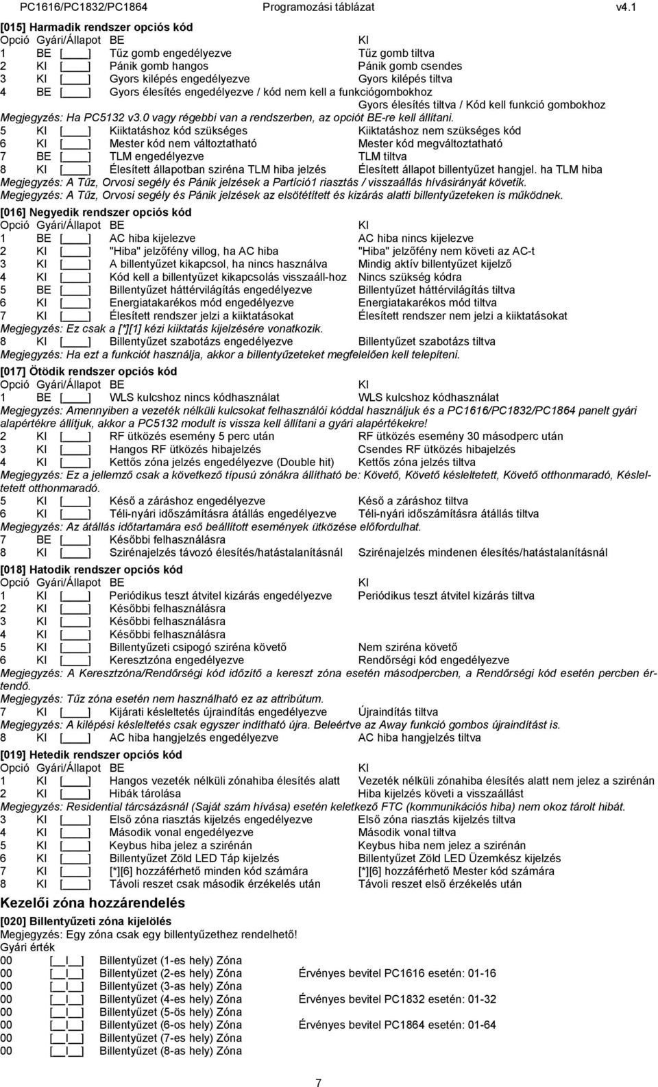 5 [ ] Kiiktatáshoz kód szükséges Kiiktatáshoz nem szükséges kód 6 [ ] Mester kód nem változtatható Mester kód megváltoztatható 7 BE [ ] TLM engedélyezve TLM tiltva 8 [ ] Élesített állapotban sziréna