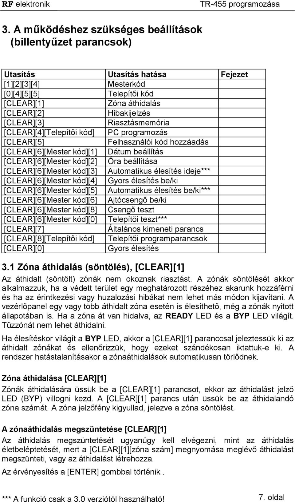 [CLEAR][6][Mester kód][3] Automatikus élesítés ideje*** [CLEAR][6][Mester kód][4] Gyors élesítés be/ki [CLEAR][6][Mester kód][5] Automatikus élesítés be/ki*** [CLEAR][6][Mester kód][6] Ajtócsengő