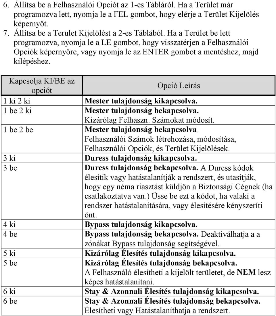 Ha a Terület be lett programozva, nyomja le a LE gombot, hogy visszatérjen a Felhasználói Opciók képernyőre, vagy nyomja le az ENTER gombot a mentéshez, majd kilépéshez.