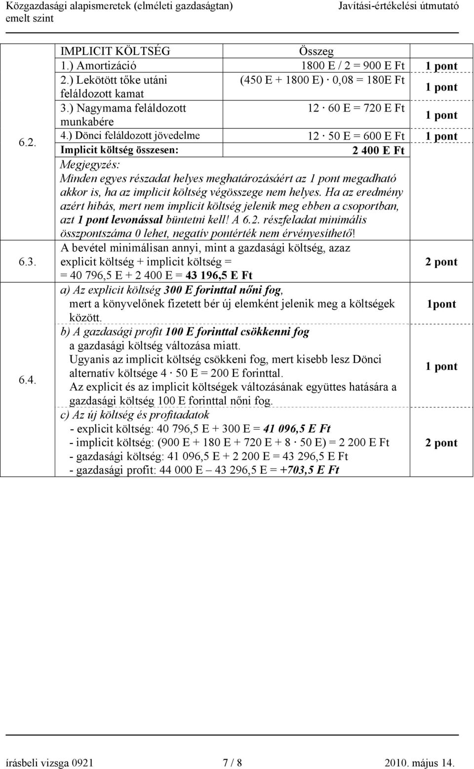 ) Dönci feláldozott jövedelme 12 50 E = 600 E Ft Implicit költség összesen: 2 400 E Ft Megjegyzés: Minden egyes részadat helyes meghatározásáért az megadható akkor is, ha az implicit költség