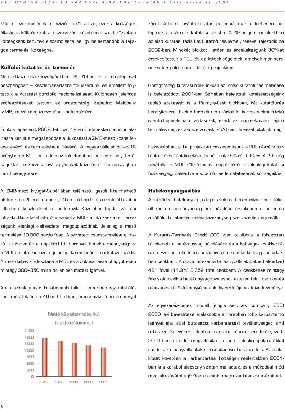 Külföldi kutatás és termelés Nemzetközi tevékenységünkben 2001-ben a stratégiával összhangban készletvásárlásra fókuszáltunk, és emellett folytattuk a kutatási portfólió racionalizálását.
