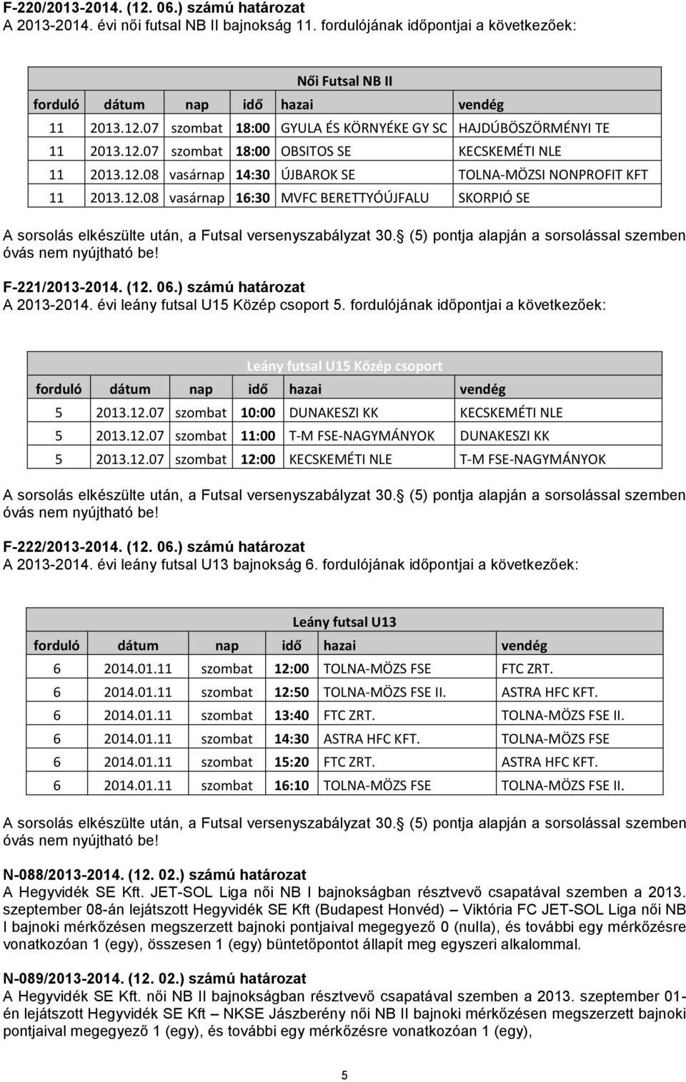 ) számú határozat A 2013-2014. évi leány futsal U15 Közép csoport 5. fordulójának időpontjai a következőek: Leány futsal U15 Közép csoport 5 2013.12.