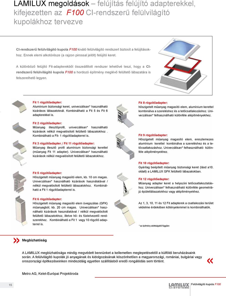 A különböző felújító Fit-adapterekből összeállított rendszer lehetővé teszi, hogy a CIrendszerű felülvilágító kupola F100 a hordozó építmény meglévő felültető lábazatára is felszerelhető legyen.