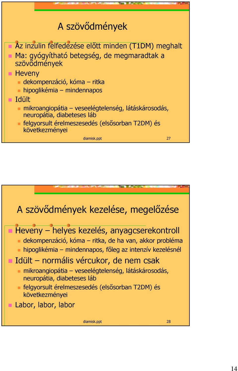 ppt 27 A szövődmények kezelése, megelőzése Heveny helyes kezelés, anyagcserekontroll dekompenzáció, kóma ritka, de ha van, akkor probléma hipoglikémia mindennapos, főleg az intenzív