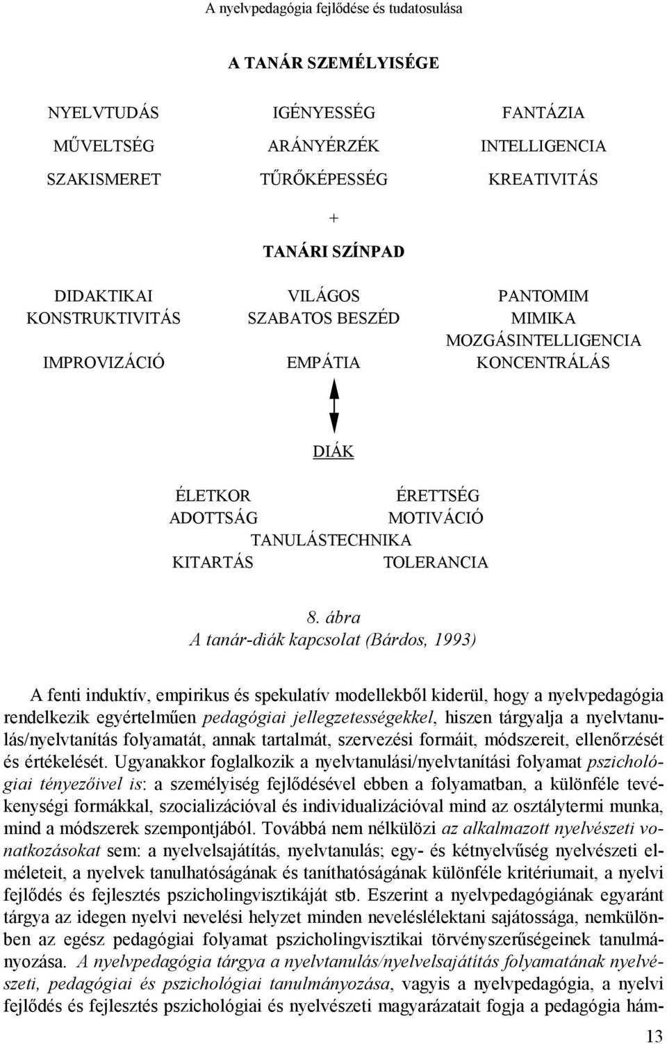 ábra A tanár-diák kapcsolat (Bárdos, 1993) A fenti induktív, empirikus és spekulatív modellekből kiderül, hogy a nyelvpedagógia rendelkezik egyértelműen pedagógiai jellegzetességekkel, hiszen