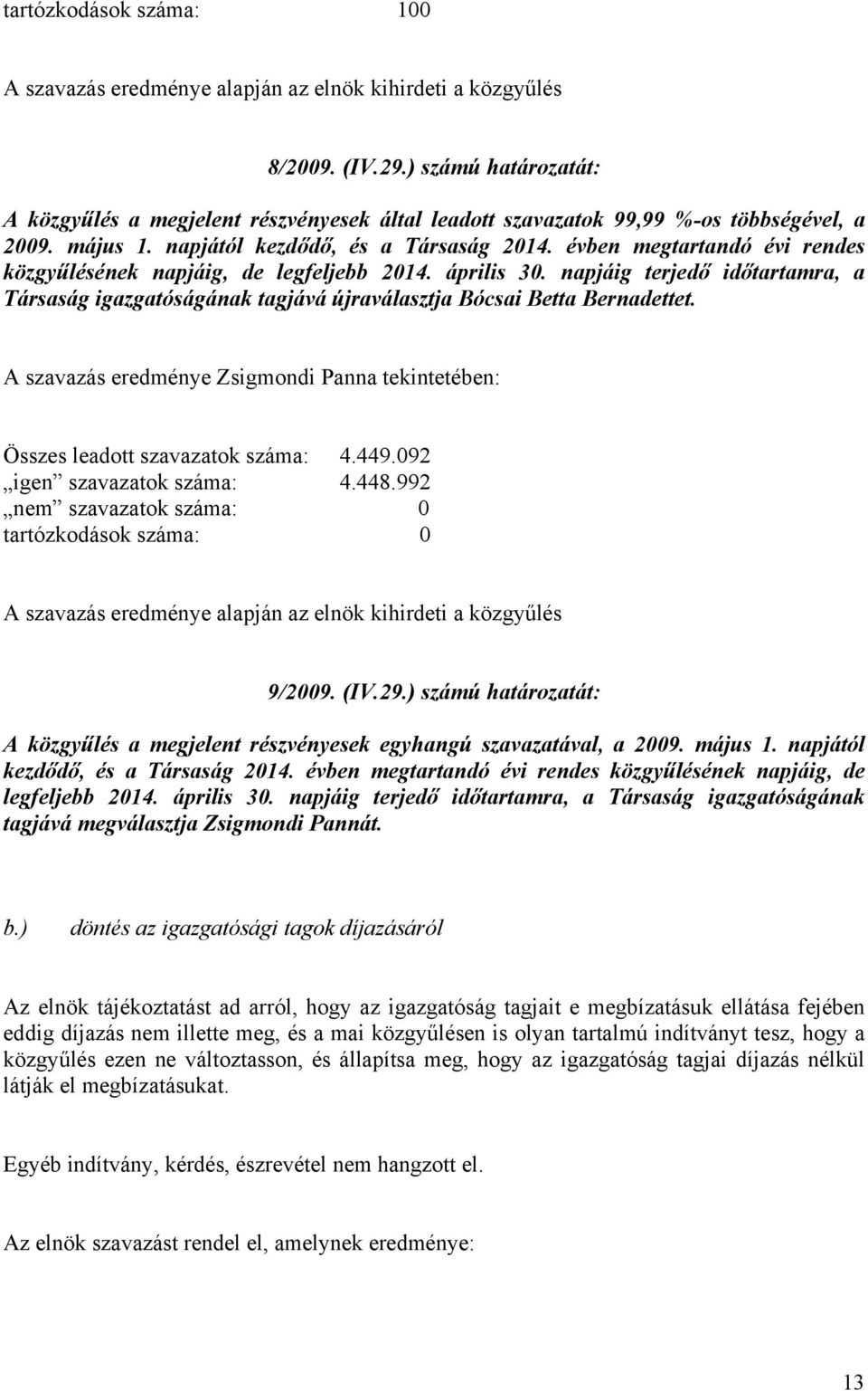 992 tartózkodások száma: 0 9/2009. (IV.29.) számú határozatát: A közgyűlés a megjelent részvényesek egyhangú szavazatával, a 2009. május 1. napjától kezdődő, és a Társaság 2014.