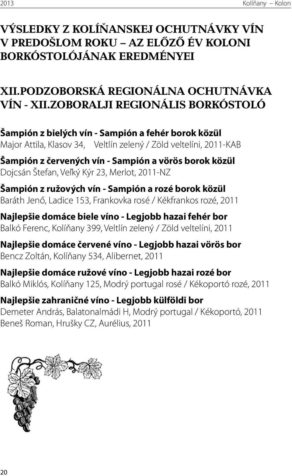 közül Dojcsán Štefan, Veľký Kýr 23, Merlot, 2011-NZ Šampión z ružových vín - Sampión a rozé borok közül Baráth Jenő, Ladice 153, Frankovka rosé / Kékfrankos rozé, 2011 Najlepšie domáce biele víno -