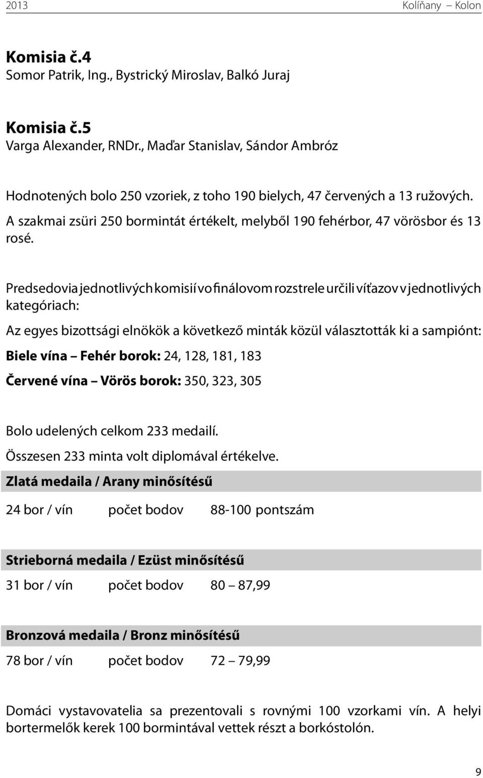 Predsedovia jednotlivých komisií vo finálovom rozstrele určili víťazov v jednotlivých kategóriach: Az egyes bizottsági elnökök a következő minták közül választották ki a sampiónt: Biele vína Fehér