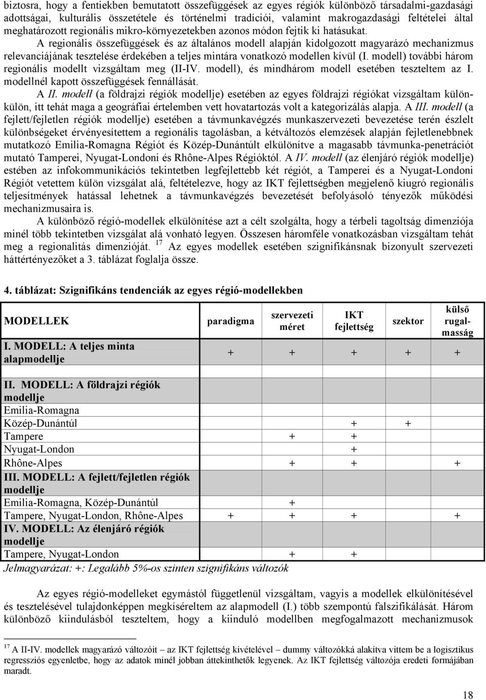 A regionális összefüggések és az általános modell alapján kidolgozott magyarázó mechanizmus relevanciájának tesztelése érdekében a teljes mintára vonatkozó modellen kívül (I.