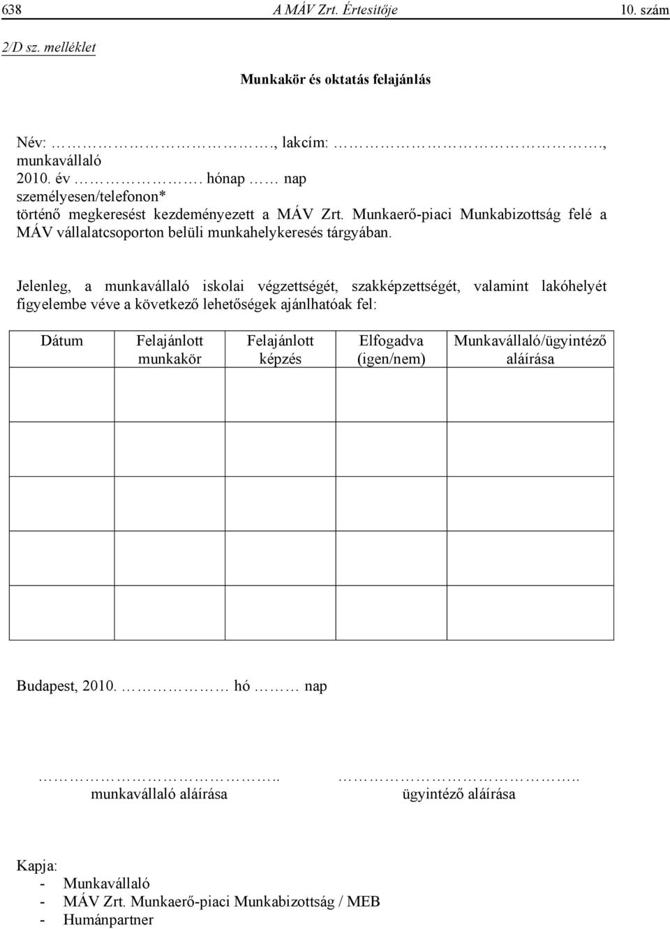 Jelenleg, a munkavállaló iskolai végzettségét, szakképzettségét, valamint lakóhelyét figyelembe véve a következ lehet ségek ajánlhatóak fel: Dátum Felajánlott munkakör
