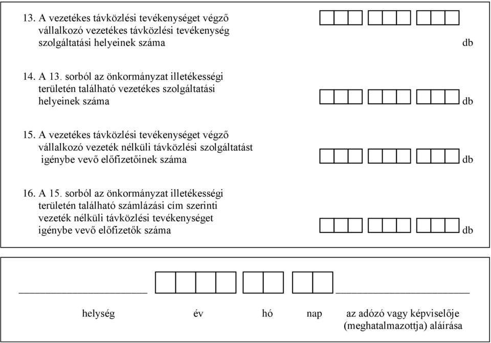 A vezetékes távközlési tevékenységet végző vállalkozó vezeték nélküli távközlési szolgáltatást igénybe vevő előfizetőinek száma db 16. A 15.