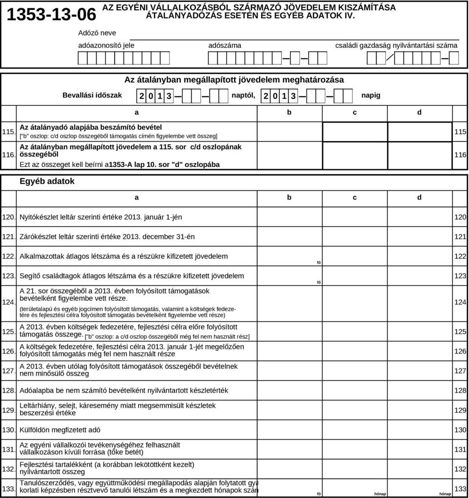 115. ["b" oszlop: c/d oszlop összegéből támogatás címén figyelembe vett összeg] Az átalányban megállapított jövedelem a 115. sor c/d oszlopának 116. összegéből 116.
