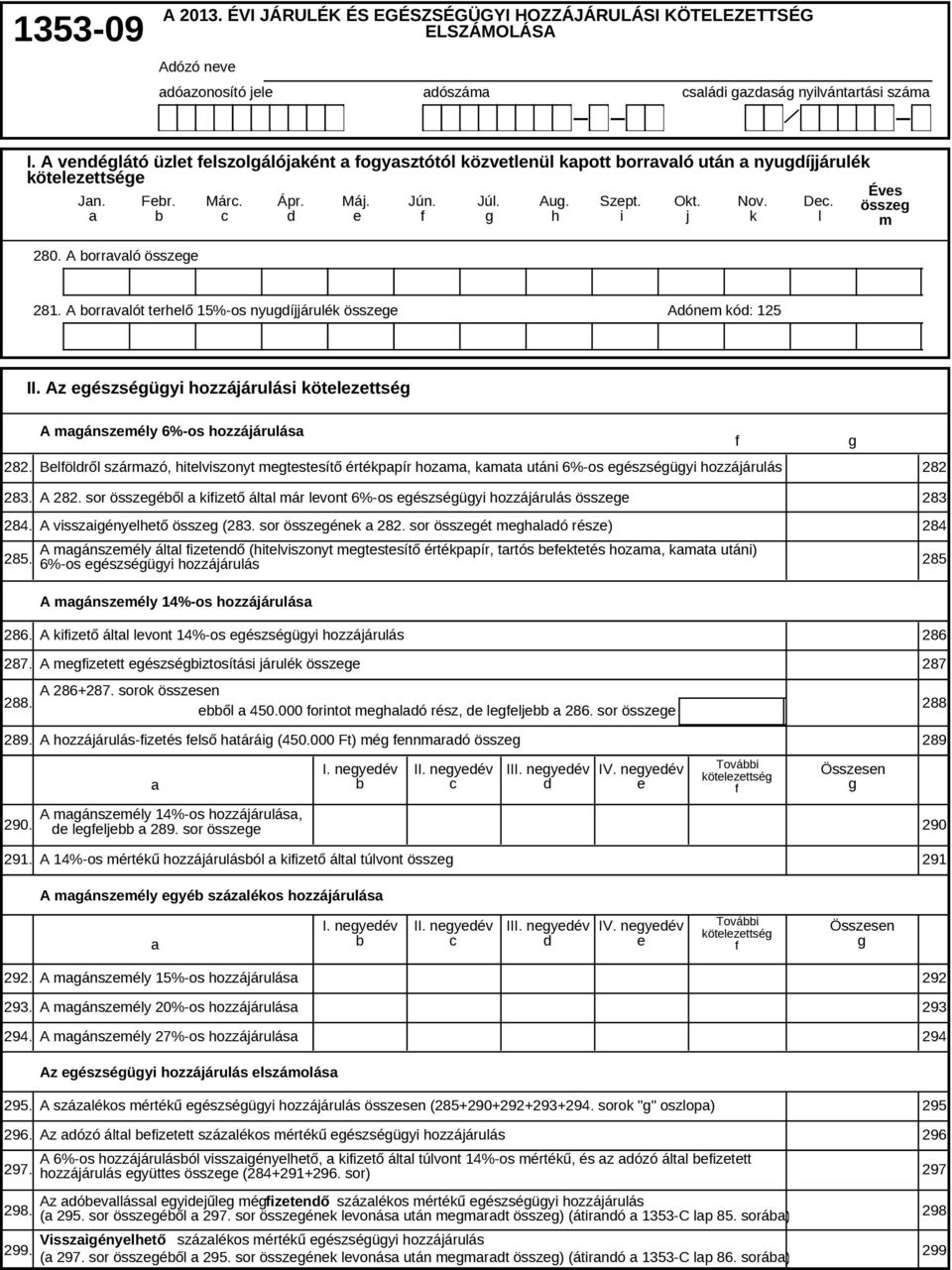 h Szept. i Okt. j Nov. k Dec. l Éves összeg m 281. A borravalót terhelő 15%-os nyugdíjjárulék összege Adónem kód: 125 II.