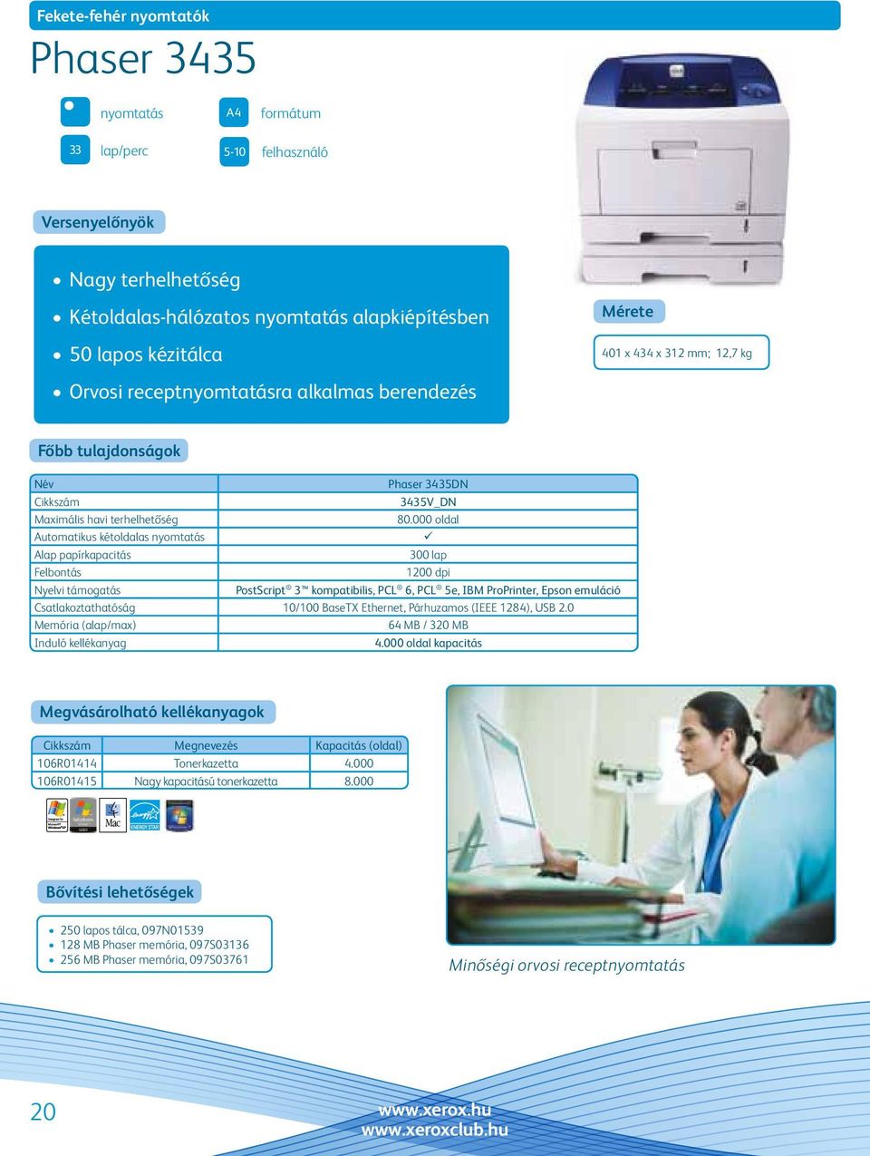 000 oldal Automatikus kétoldalas nyomtatás Alap papírkapacitás 300 lap 1200 dpi PostScript 3 kompatibilis, PCL 6, PCL 5e, IBM ProPrinter, Epson emuláció Csatlakoztathatóság 10/100 BaseTX Ethernet,