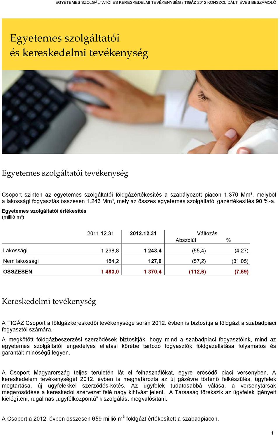 Egyetemes szolgáltatói értékesítés (millió m³) 2011.12.