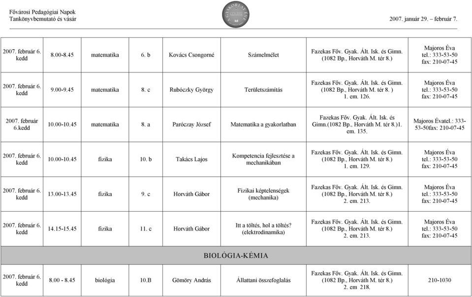 00 10.45 fizika 10. b Takács Lajos Kompetencia fejlesztése a mechanikában 1. em. 1 13.00 13.45 fizika 9. c Horváth Gábor Fizikai képtelenségek (mechanika) 2. em. 213. 14.15 15.
