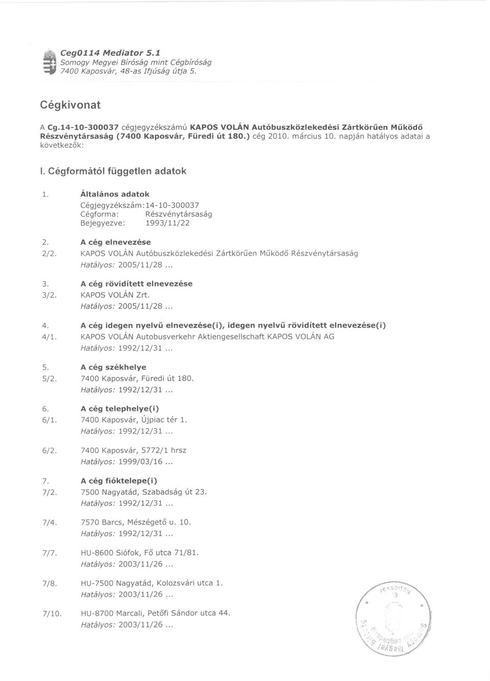 Cégformátói független adatok 1. Általános adatok Cégjegyzékszám: 14-10-300037 Cégforma: Részvénytársaság Bejegyezve: 1993/11/22 2. A cég elnevezése 2/2.